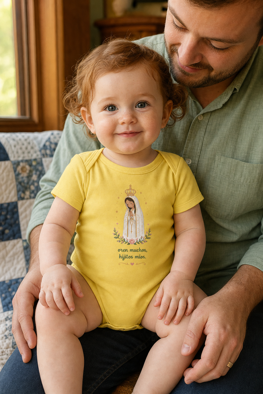 Baby girl wearing the Oren Muchos Fátima Baby Bodysuit in Yellow
