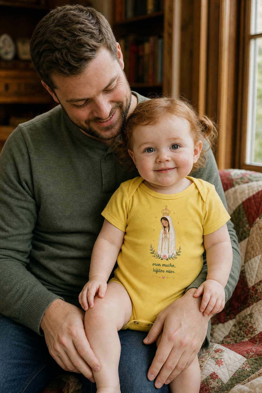 Baby girl wearing the Oren Mucho Fátima Baby Bodysuit in Yellow
