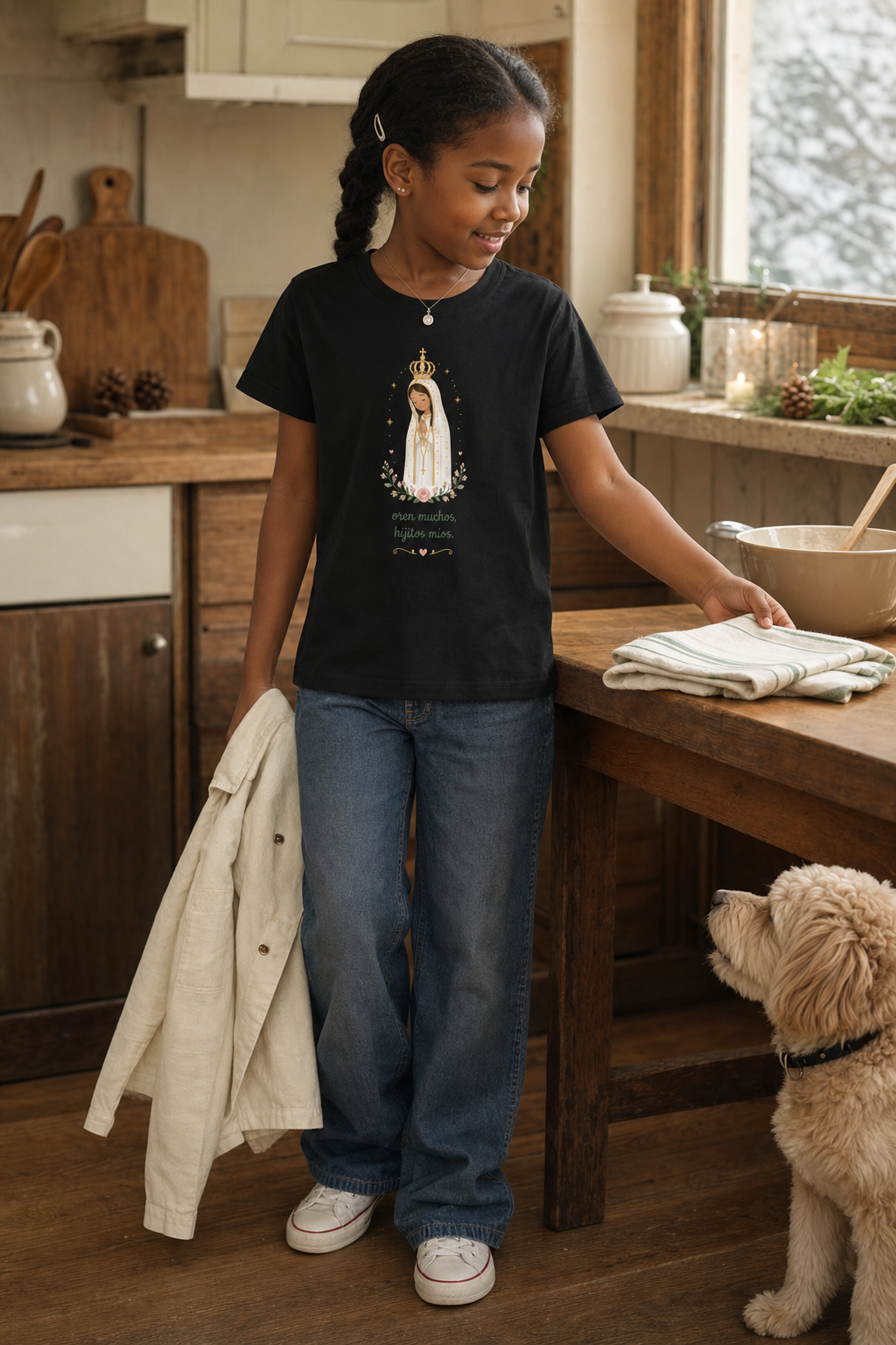 Girl wearing the Oren Muchos Fátima Girls T-Shirt in Black