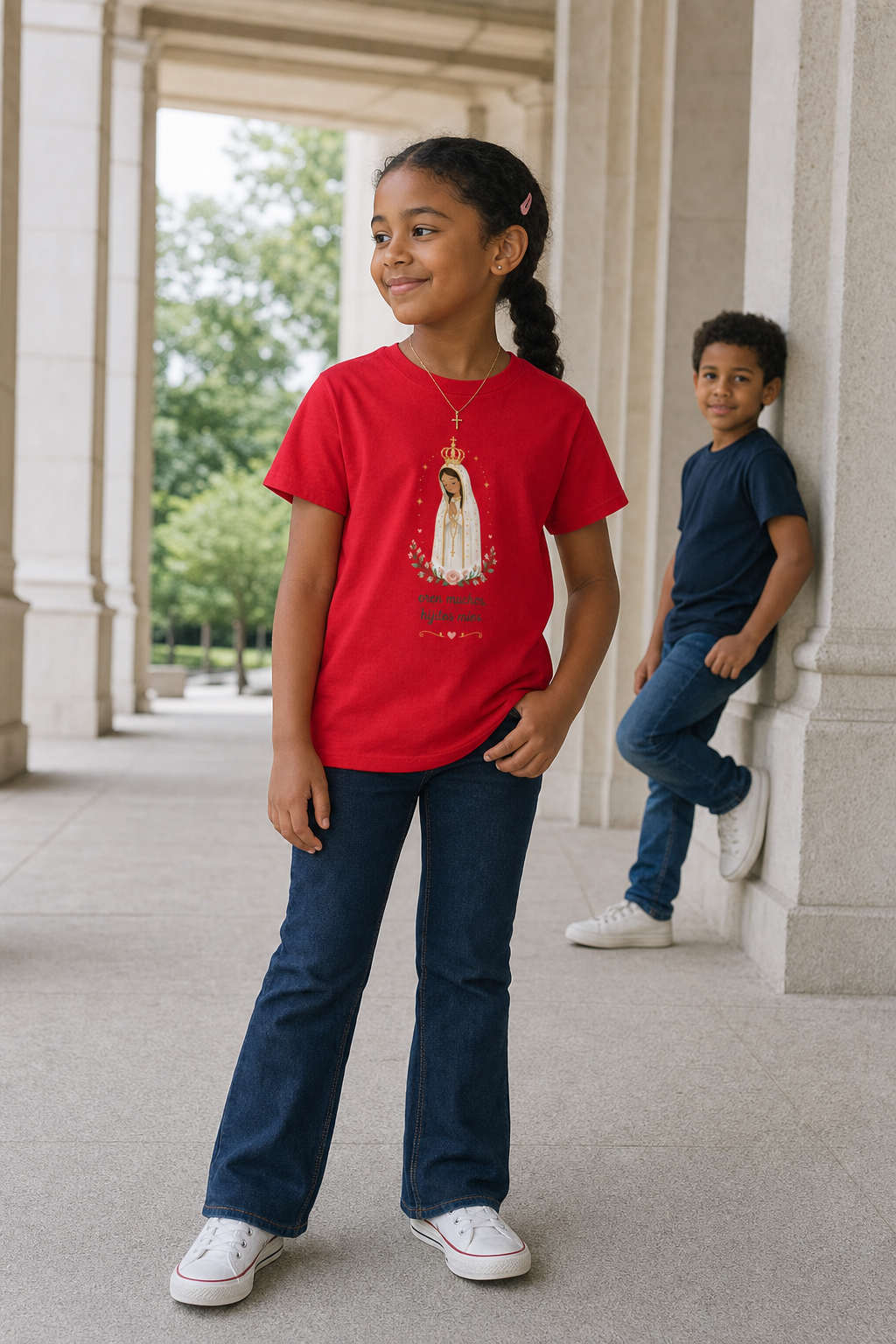 Girl wearing the Oren Muchos Fátima Girls T-Shirt in Red