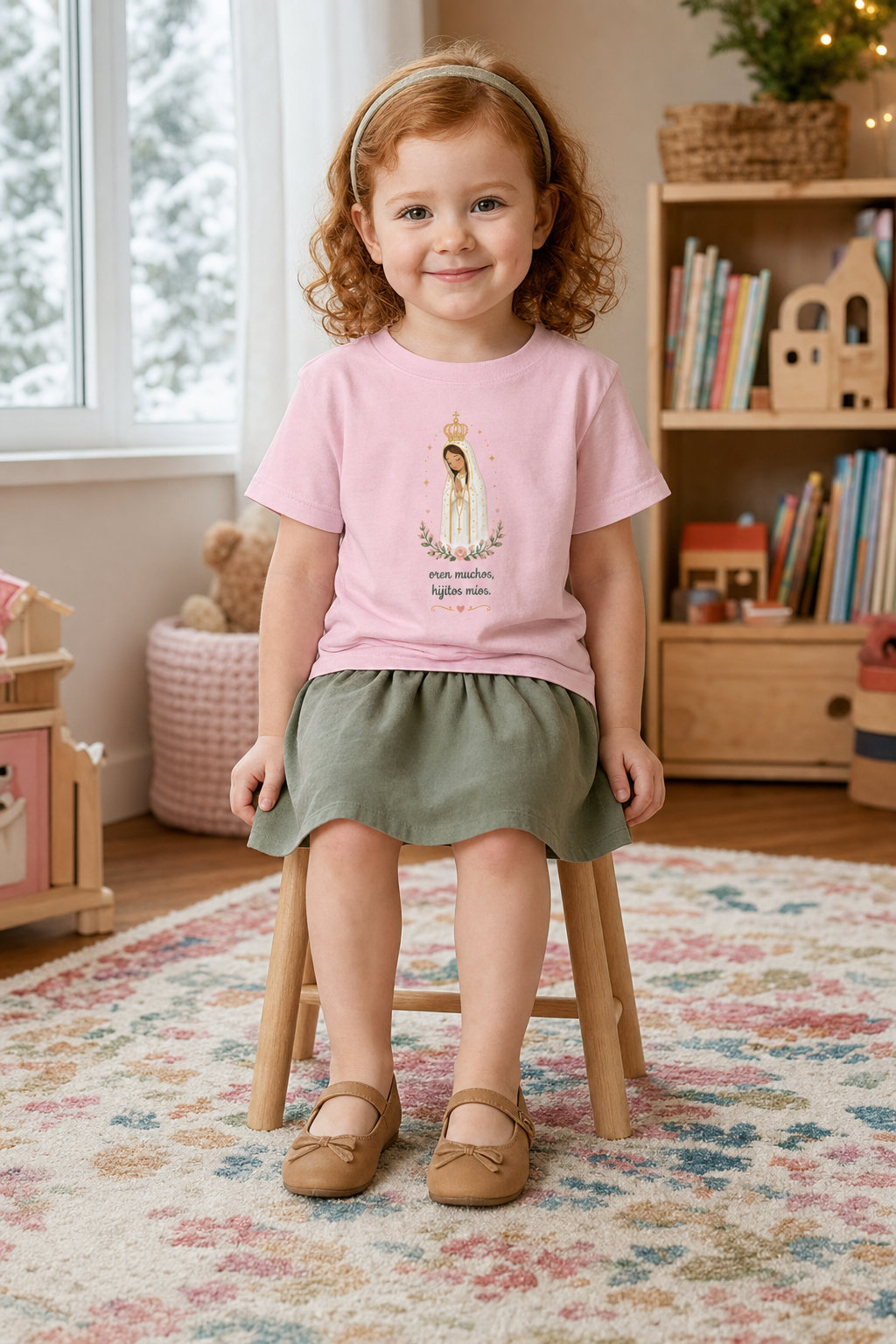 Little girl wearing the Oren Muchos Fátima Toddler T-Shirt in Pink