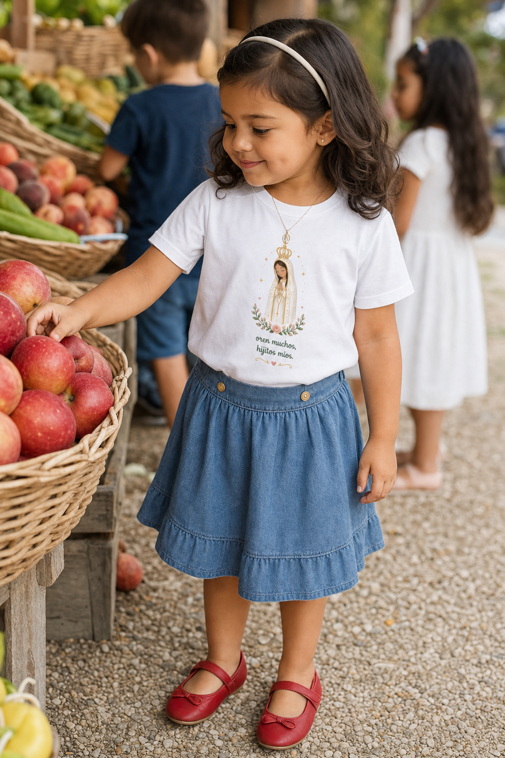 Little girl wearing the Oren Muchos Fátima Toddler T-Shirt in White