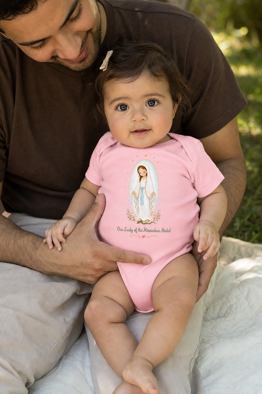 Baby girl wearing the Our Lady of the Miraculous Medal Baby Bodysuit in Pink