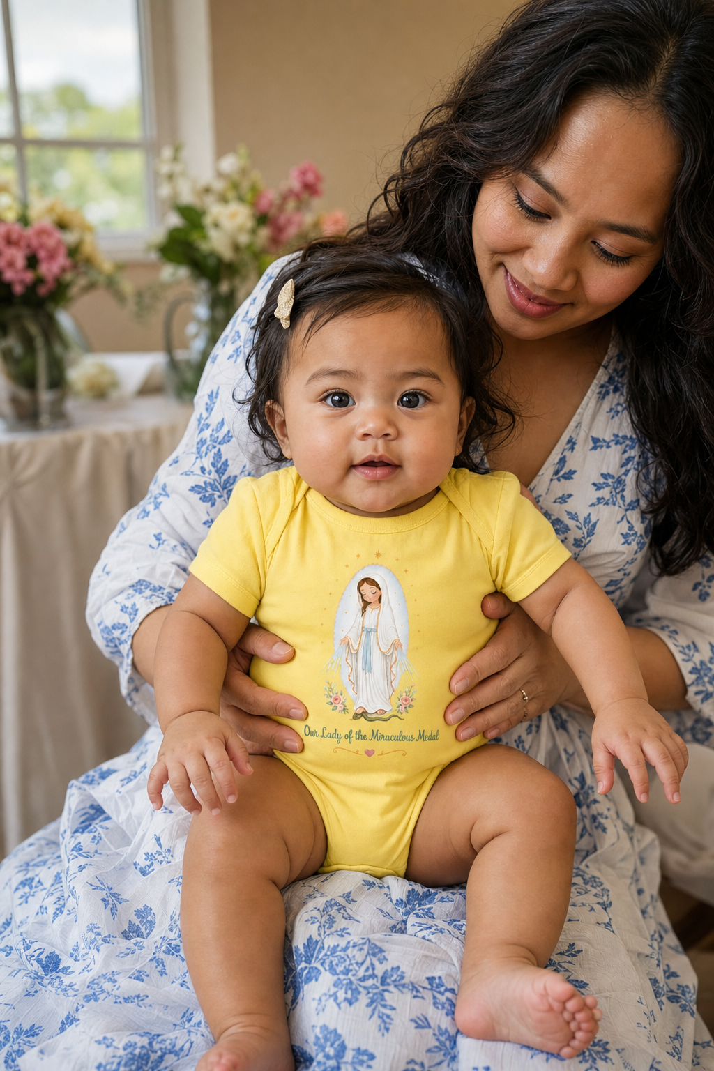 Baby girl wearing the Our Lady of the Miraculous Medal Baby Bodysuit in Yellow