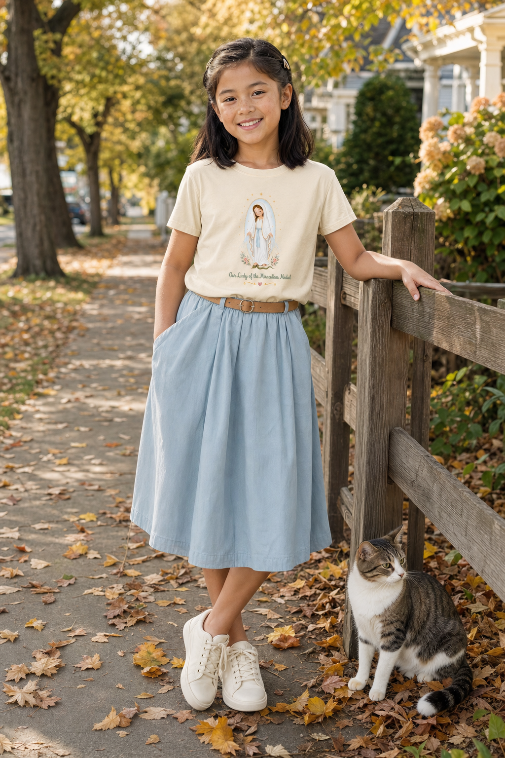 Girl wearing the Our Lady of the Miraculous Medal Girls T-Shirt in Natural