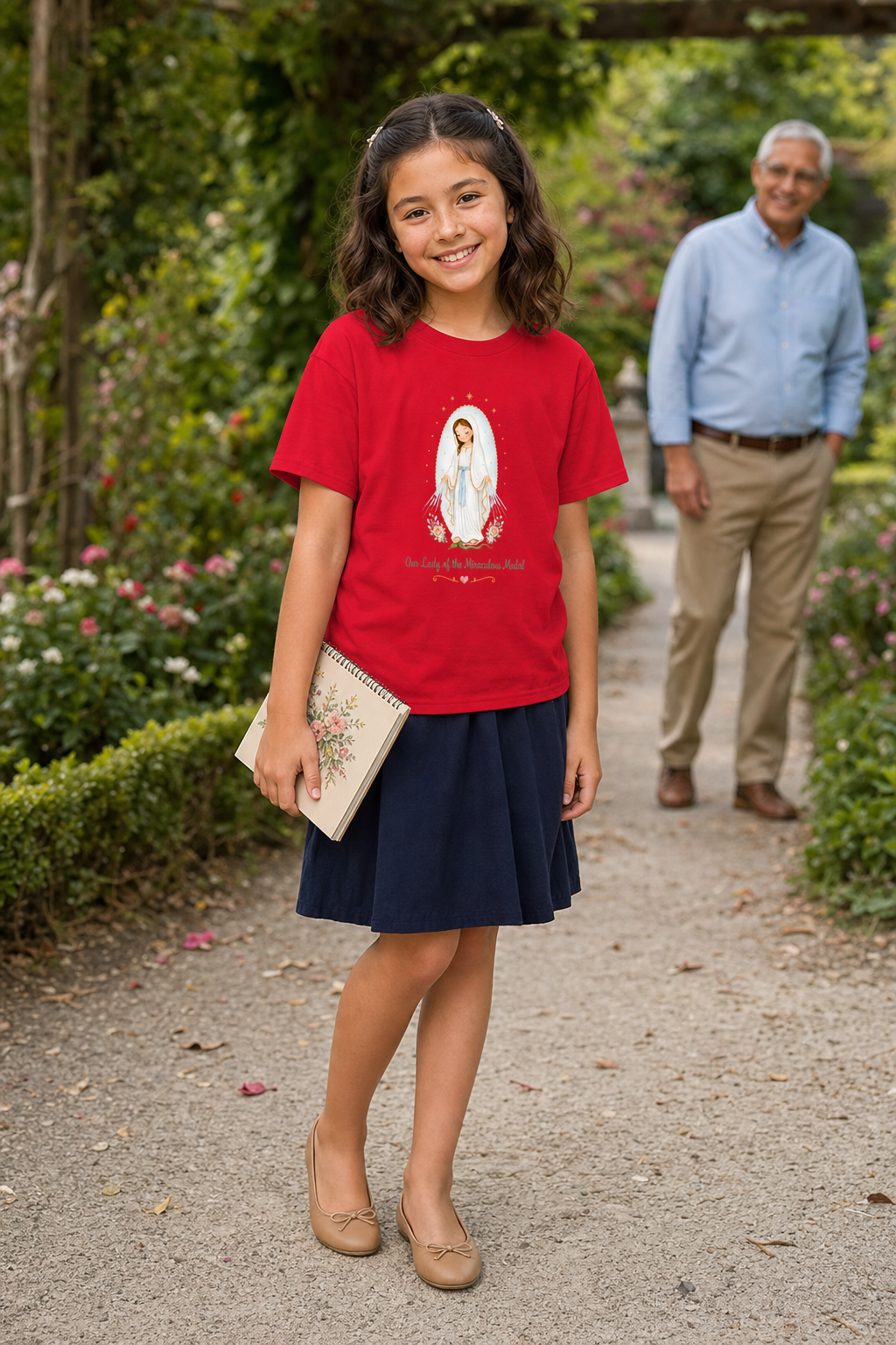 Girl wearing the Our Lady of the Miraculous Medal Girls T-Shirt in Red