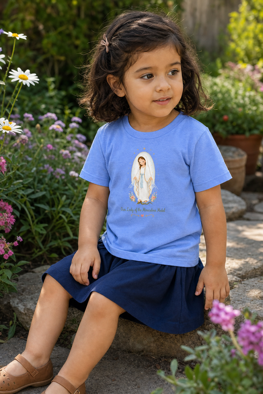 Little girl wearing the Our Lady of the Miraculous Medal Toddler T-Shirt in Heather Columbia Blue