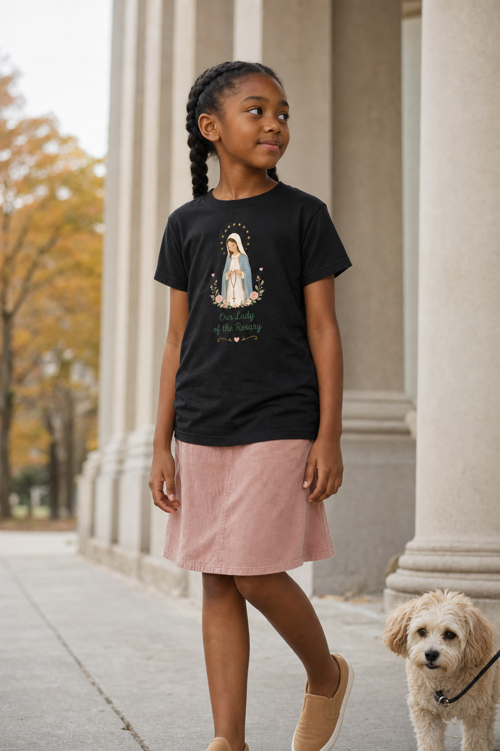Girl wearing the Our Lady of the Rosary Girls T-Shirt in Black