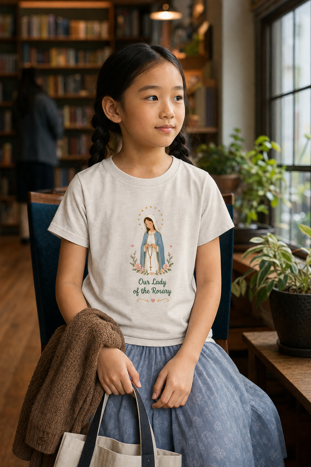 Girl wearing the Our Lady of the Rosary Girls T-Shirt in Heather Dust
