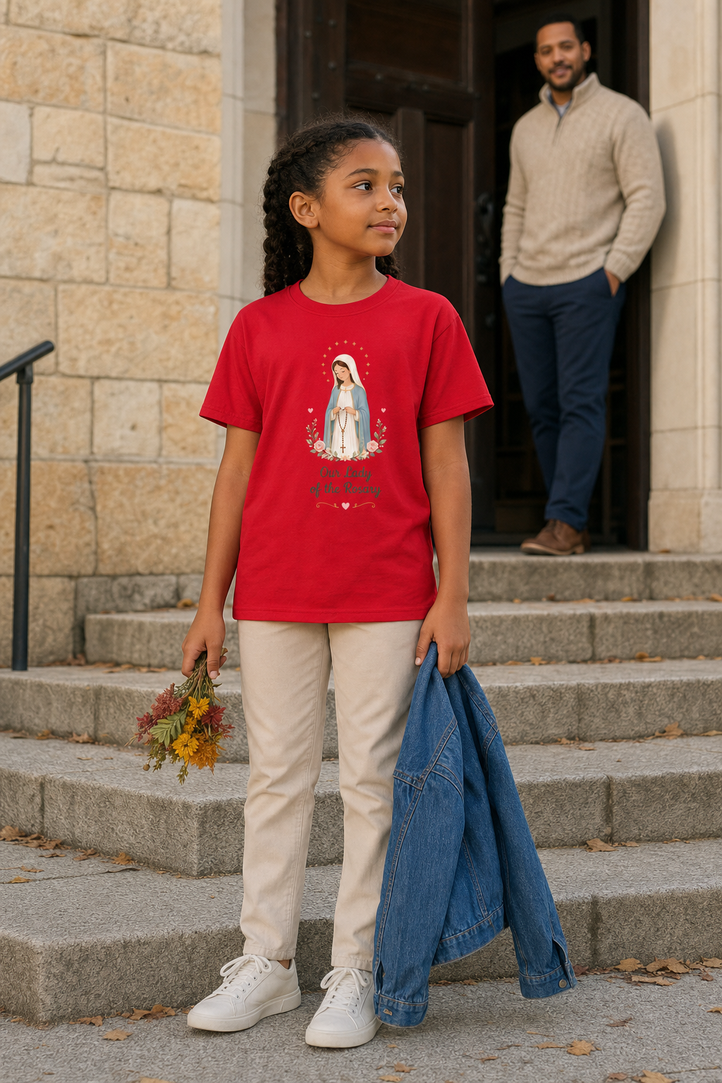 Girl wearing the Our Lady of the Rosary Girls T-Shirt in Red