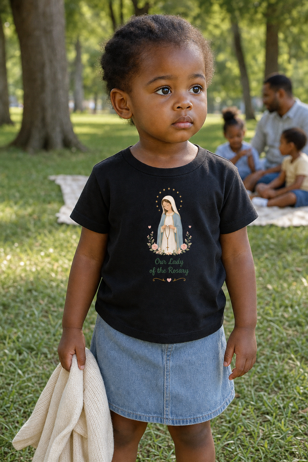 Little girl wearing the Our Lady of the Rosary Toddler T-Shirt in Black
