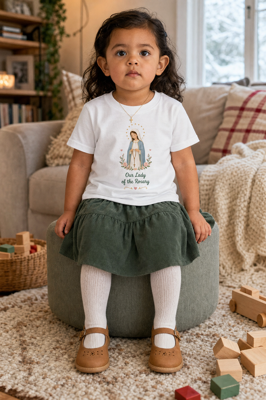 Little girl wearing the Our Lady of the Rosary Toddler T-Shirt in White