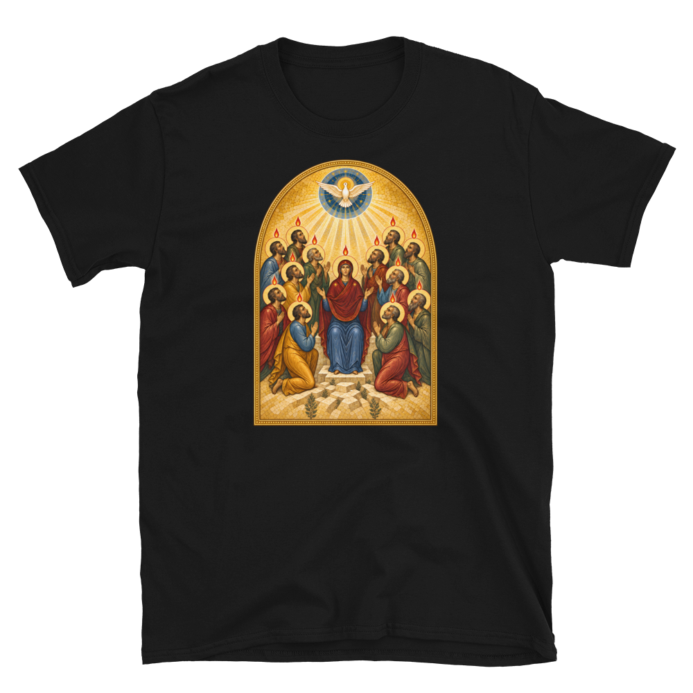 pentecost-tee Softstyle Flat · Black · bnr-card:womens-clothing · bnr-card:mens-clothing · bnr-card:sacred-icons · bnr-card:jesus