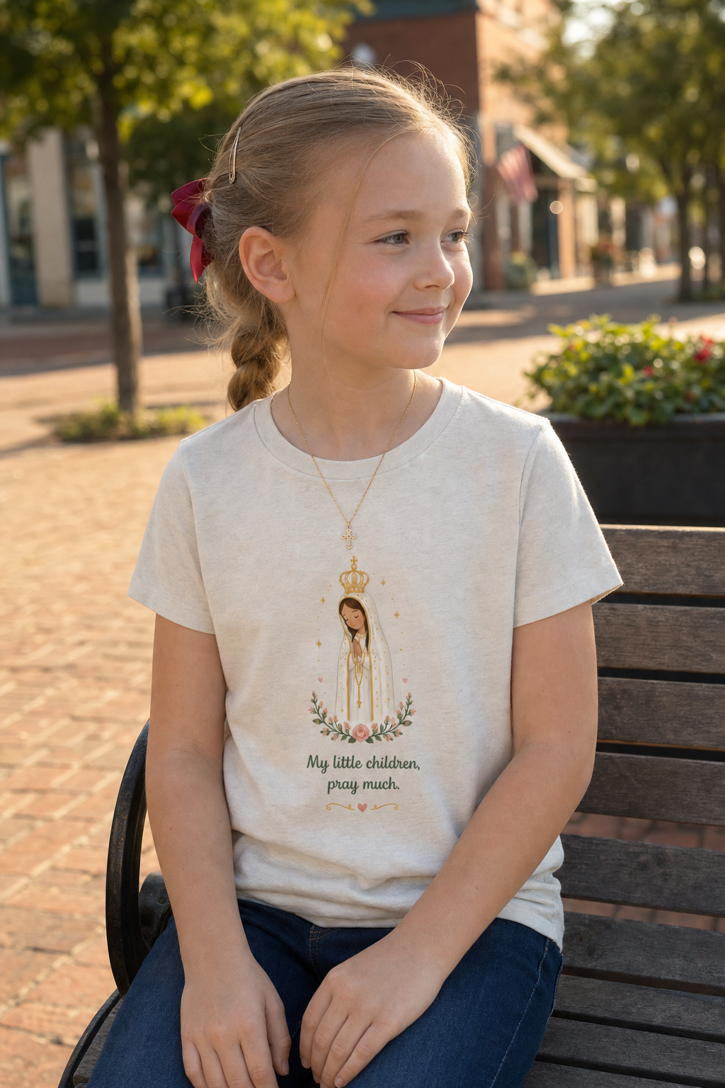 Girl wearing the Pray Much Fátima Girls T-Shirt in Heather Dust