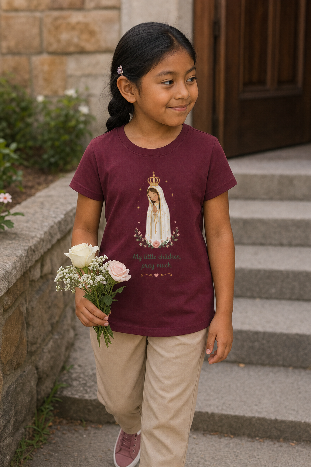 Girl wearing the Pray Much Fátima Girls T-Shirt in Maroon