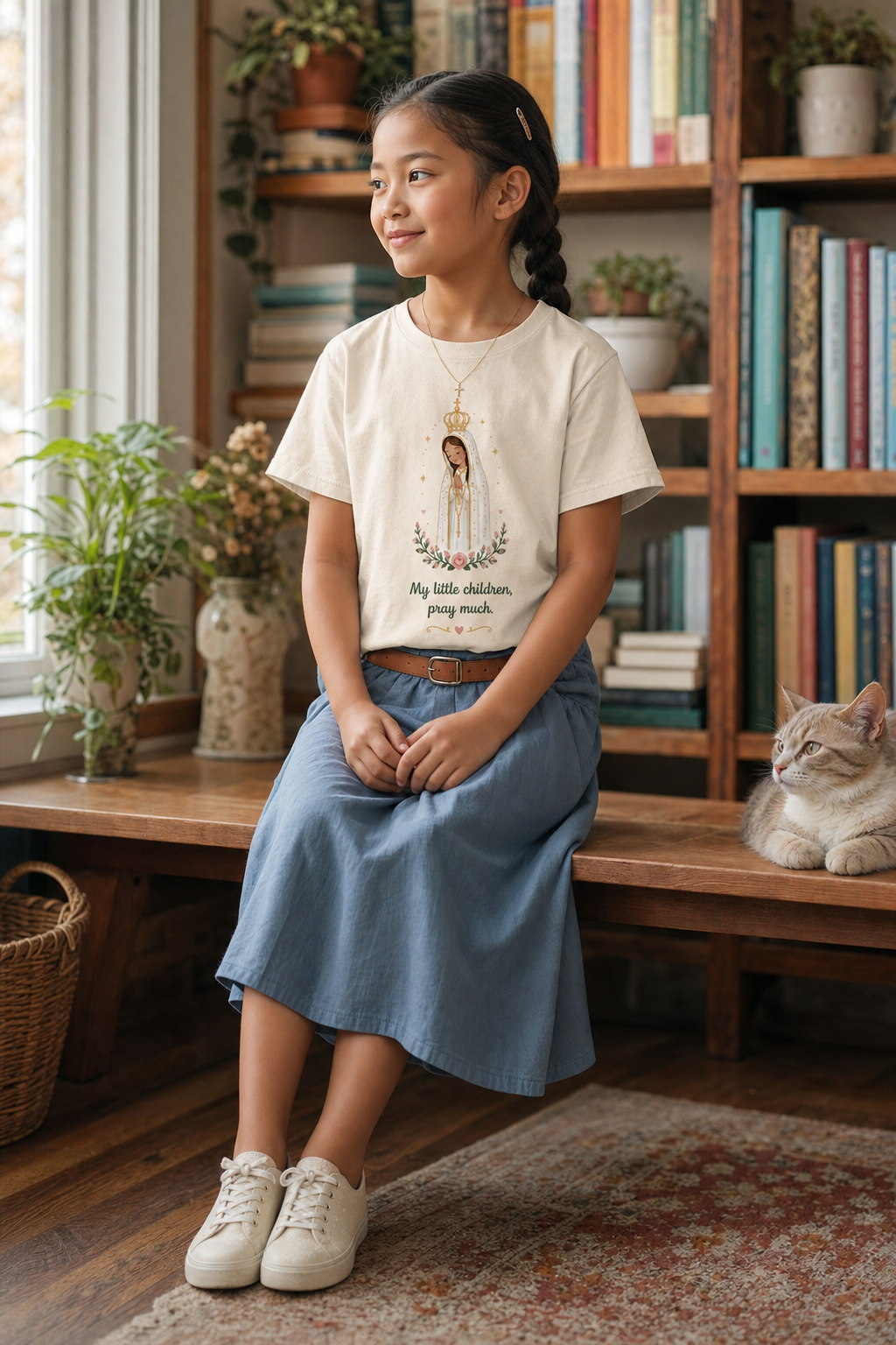 Girl wearing the Pray Much Fátima Girls T-Shirt in Natural