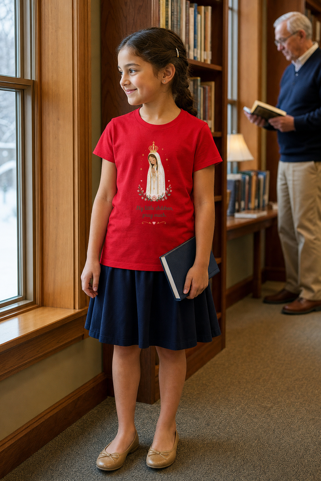 Girl wearing the Pray Much Fátima Girls T-Shirt in Red