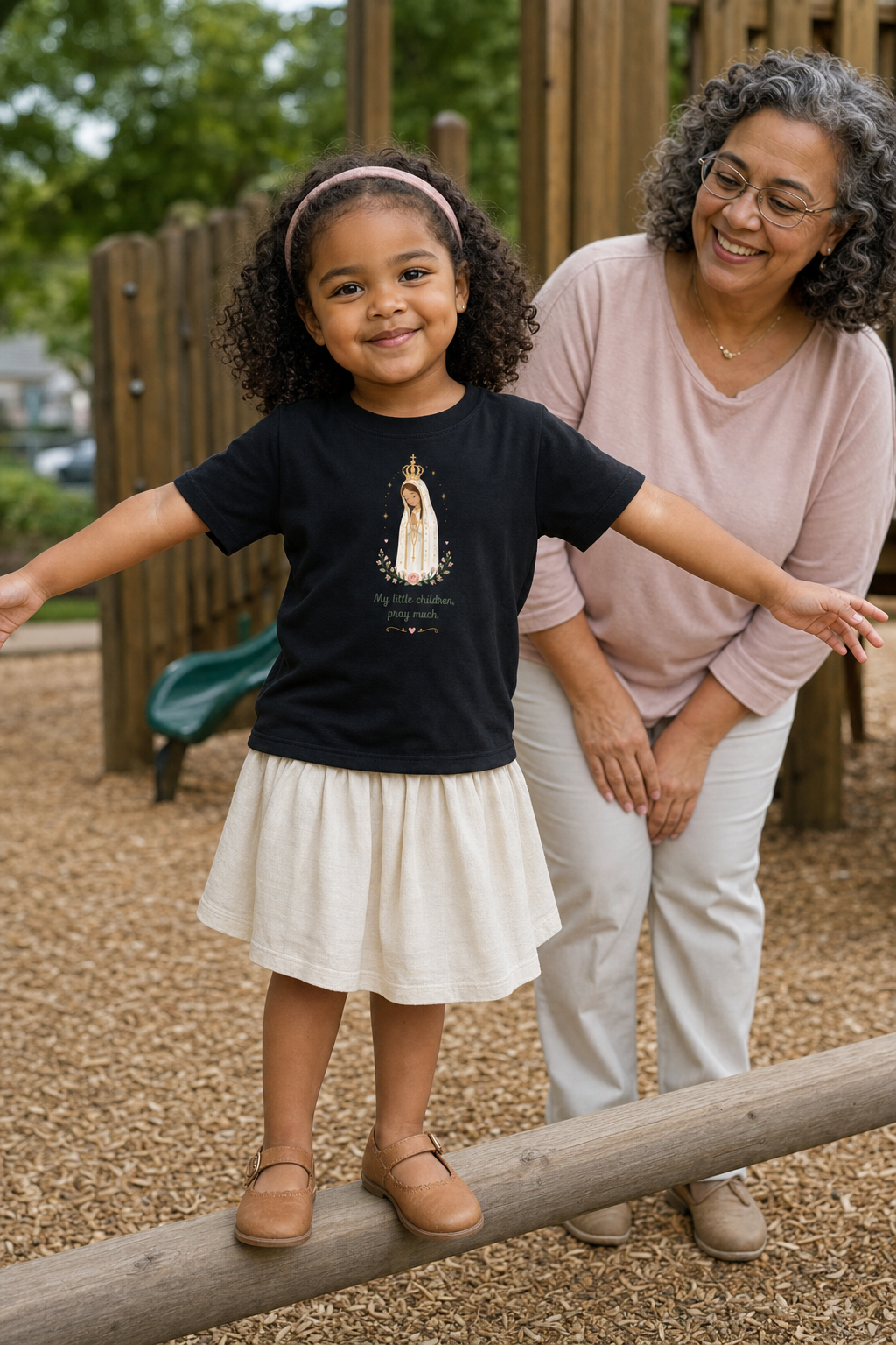 Little girl wearing the Pray Much Fátima Toddler T-Shirt in Black