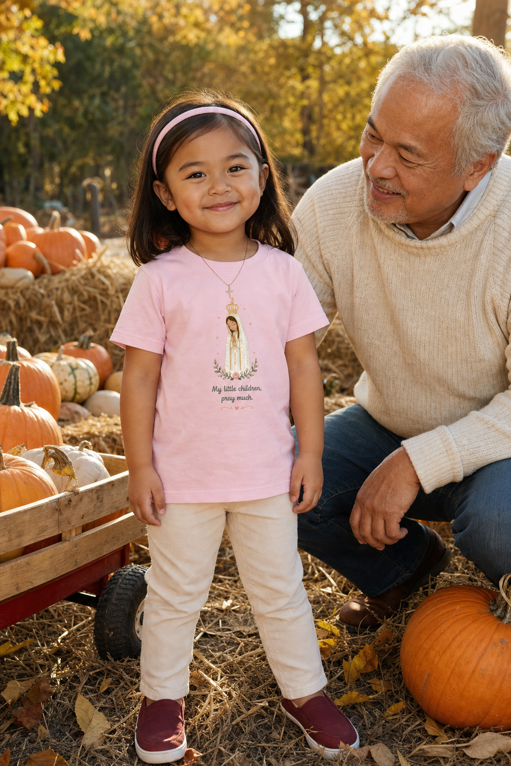 Little girl wearing the Pray Much Fátima Toddler T-Shirt in Pink