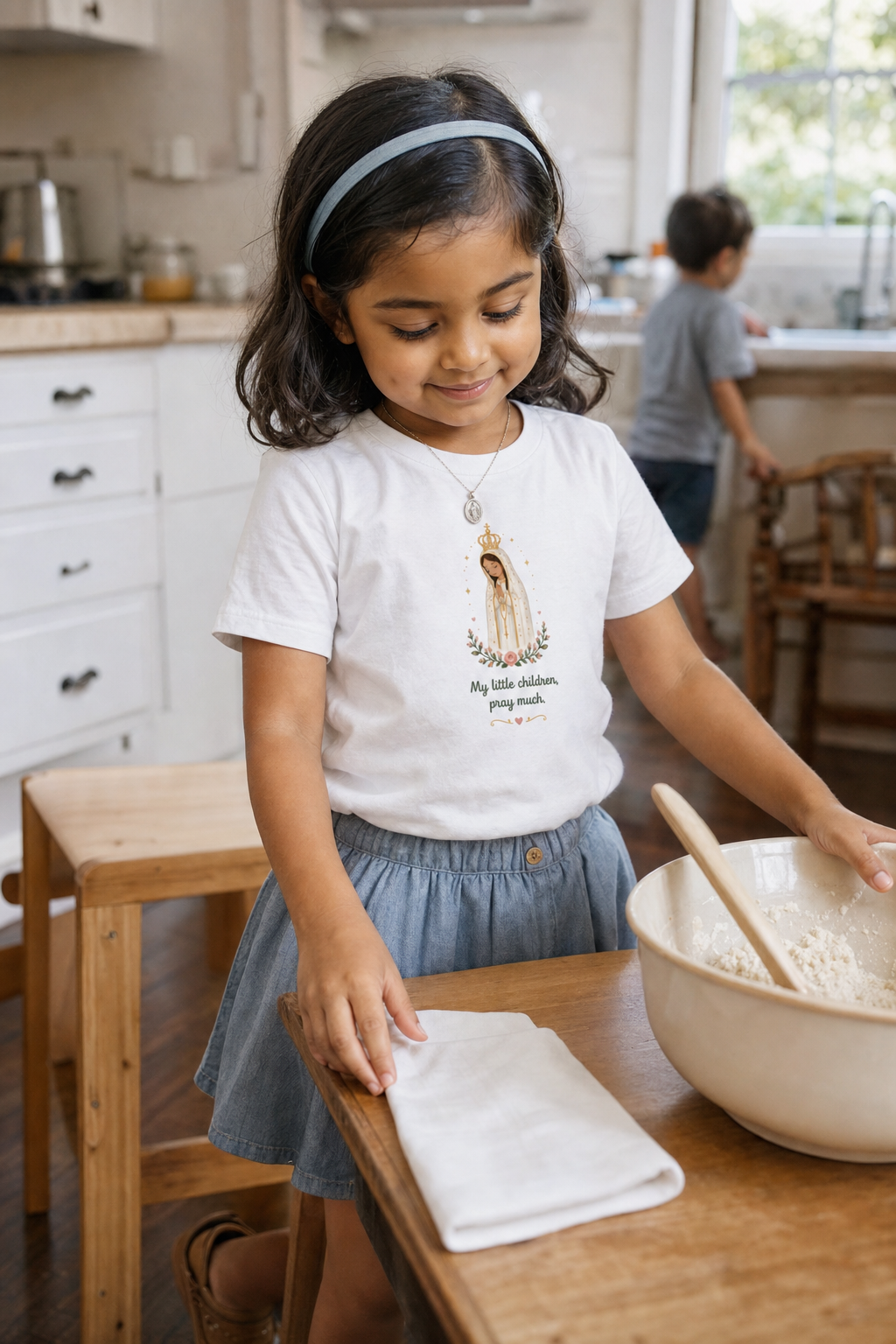 Little girl wearing the Pray Much Fátima Toddler T-Shirt in White