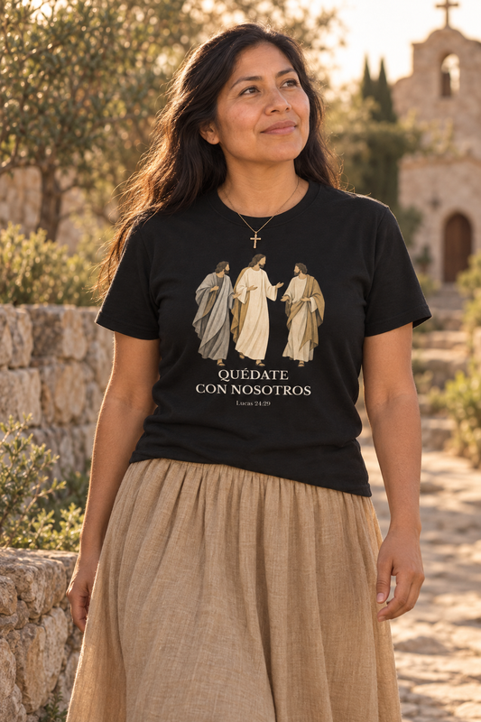 quedate-con-nosotros-tee lifestyle · Black · hero · bnr-card:womens-clothing · bnr-card:jesus · bnr-card:scripture
