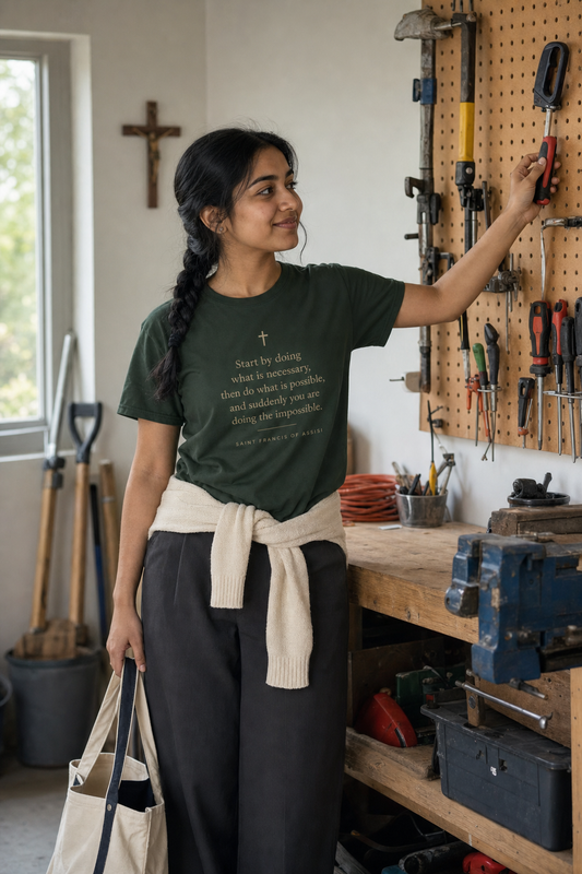 saint-francis-assisi-t-shirt lifestyle · Forest Green · bnr-card:womens-clothing