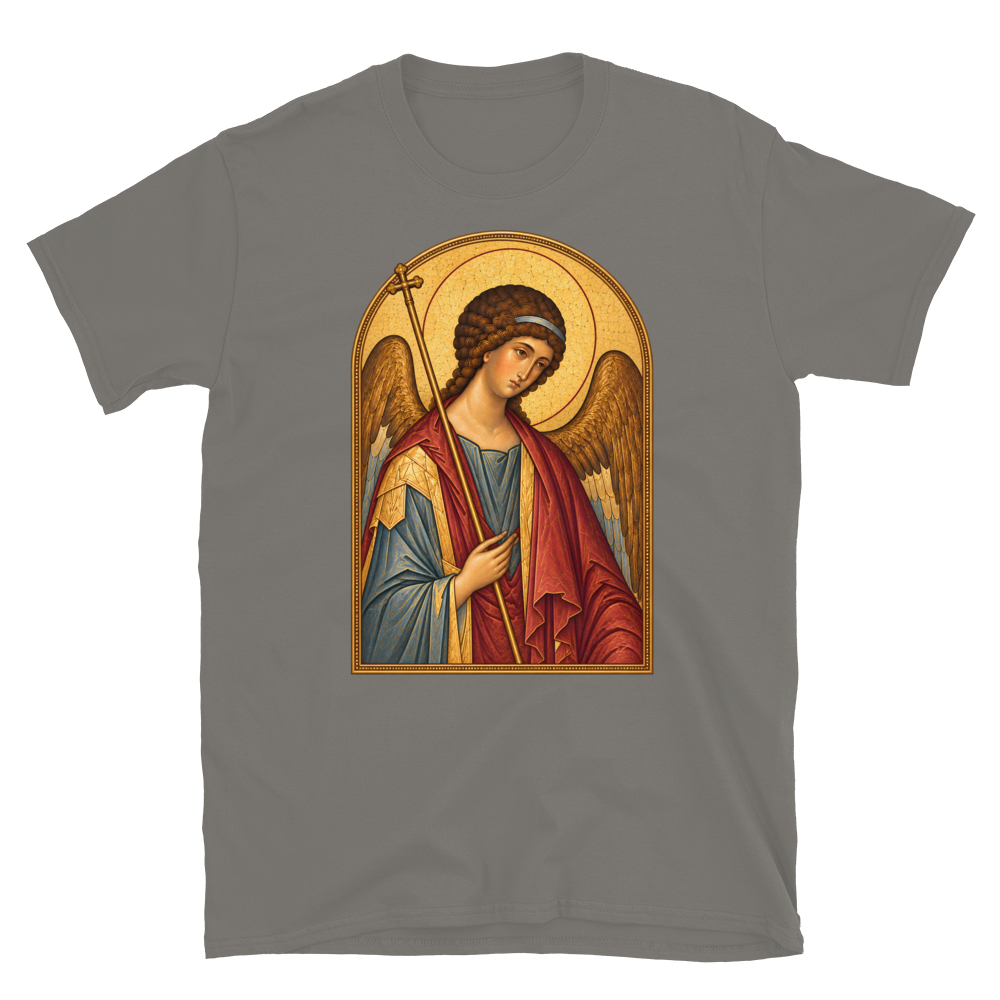 saint-michael-the-archangel-tee Softstyle Flat · Charcoal · bnr-card:womens-clothing · bnr-card:mens-clothing · bnr-card:sacred-icons · bnr-card:saints-witnesses