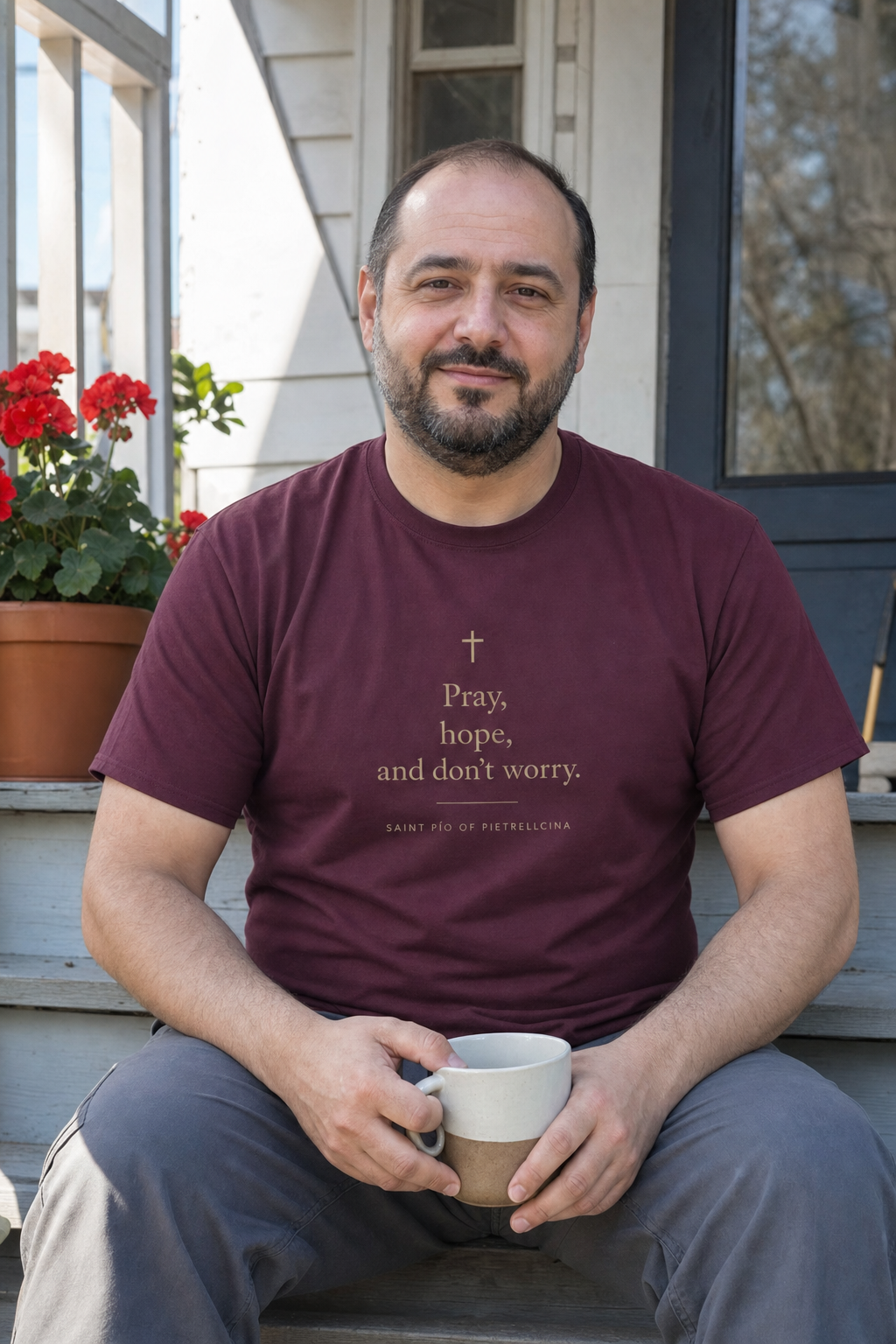 saint-pio-t-shirt lifestyle · Maroon