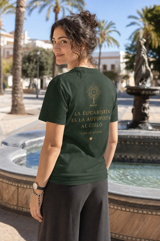 san-carlo-acutis-navy-t-shirt lifestyle · Forest Green · bnr-card:womens-clothing