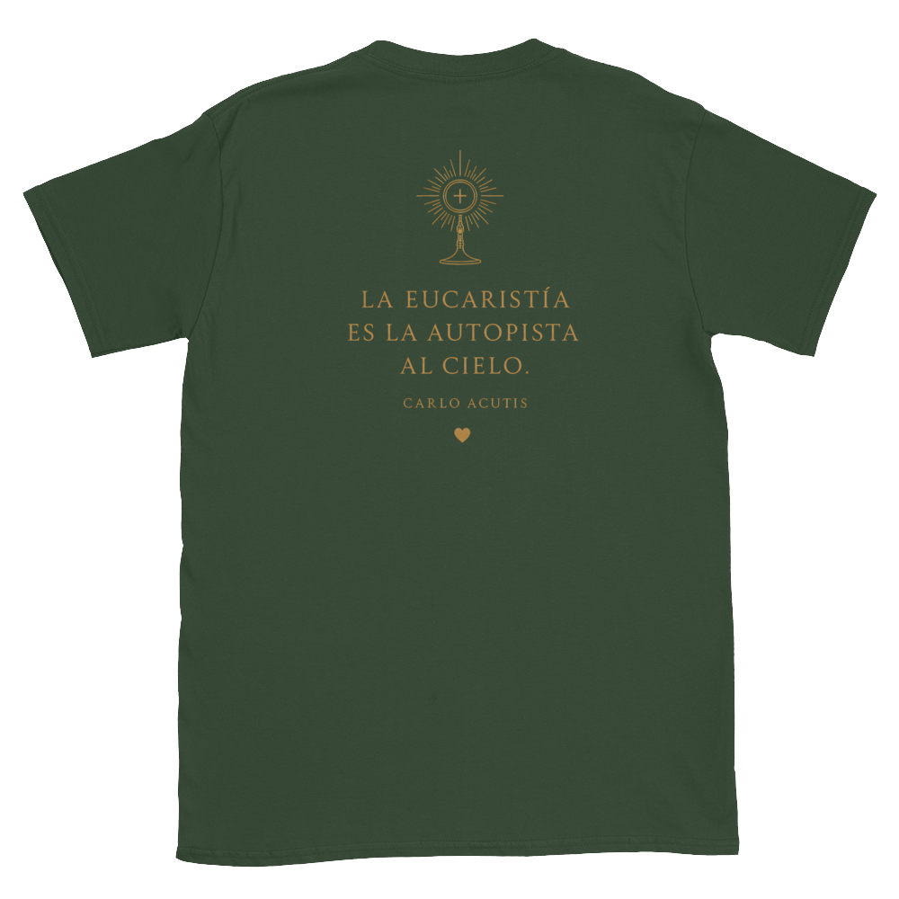 San Carlo Acutis Navy Tee — back · Forest Green