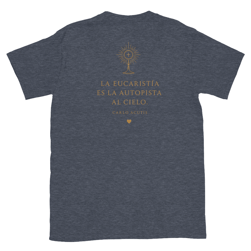 San Carlo Acutis Navy Tee — back · Heather Navy