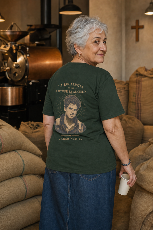 san-carlo-acutis-t-shirt lifestyle · Forest Green · bnr-card:womens-clothing