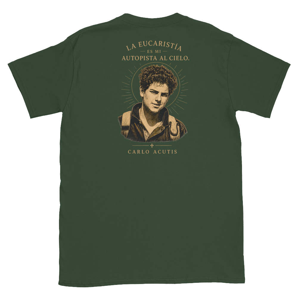 San Carlo Acutis Tee — back · Forest Green