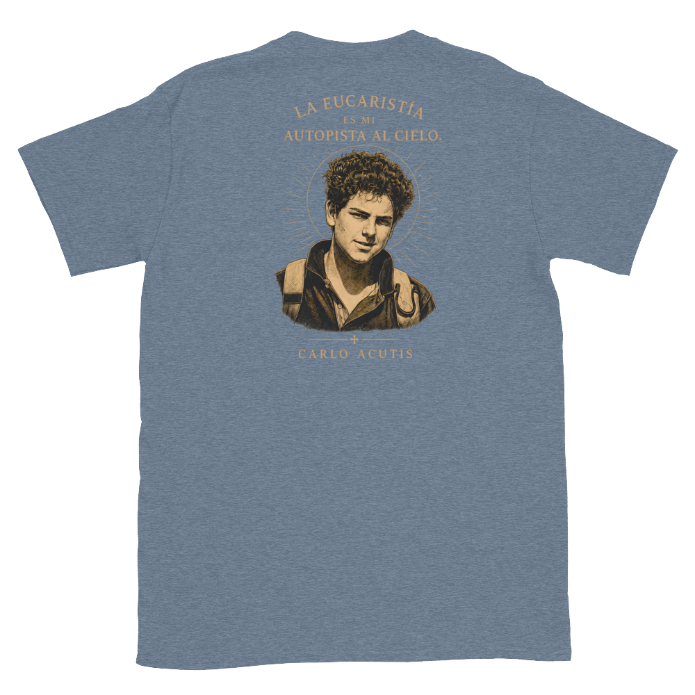 San Carlo Acutis Tee — back · Heather Indigo