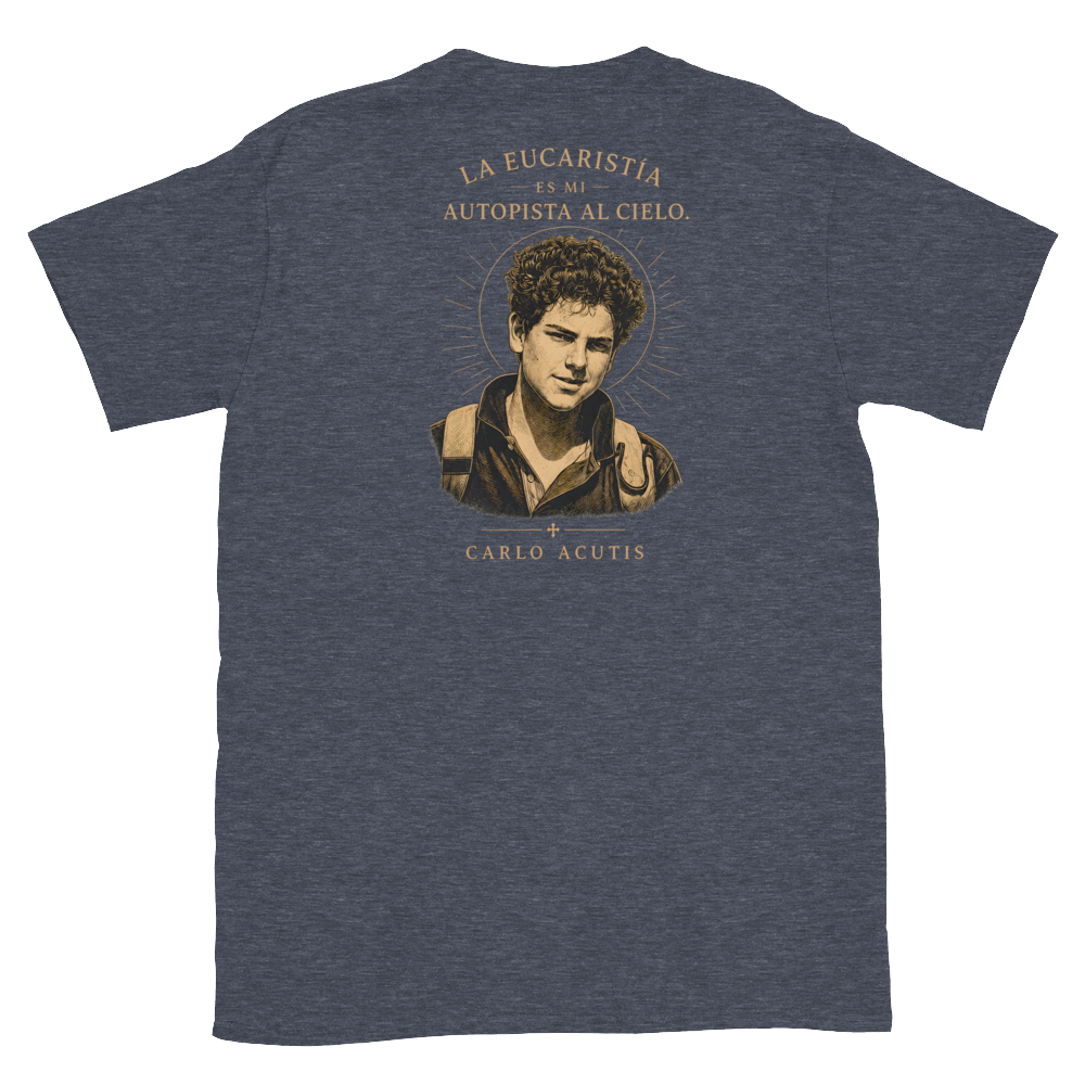 San Carlo Acutis Tee — back · Heather Navy