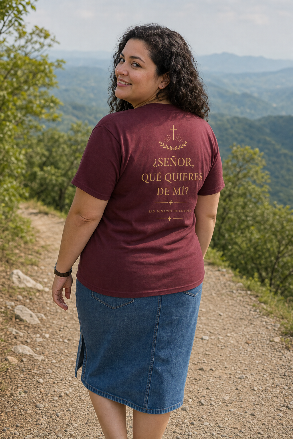 san-ignacio-suscipe-t-shirt lifestyle · Maroon · bnr-card:womens-clothing