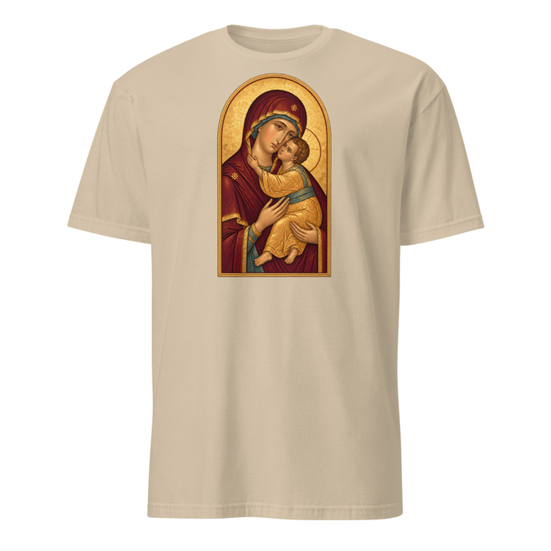 our-lady-of-vladimir-tee Softstyle Flat · Sand · bnr-card:womens-clothing · bnr-card:mens-clothing · bnr-card:sacred-icons · bnr-card:mama-maria