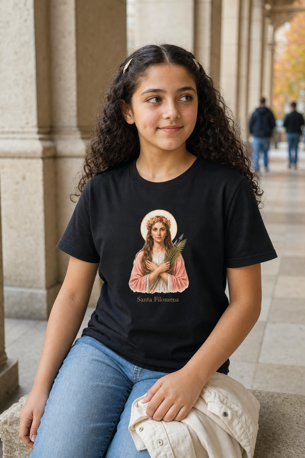 Girl wearing the Santa Filomena Girls T-Shirt in Black