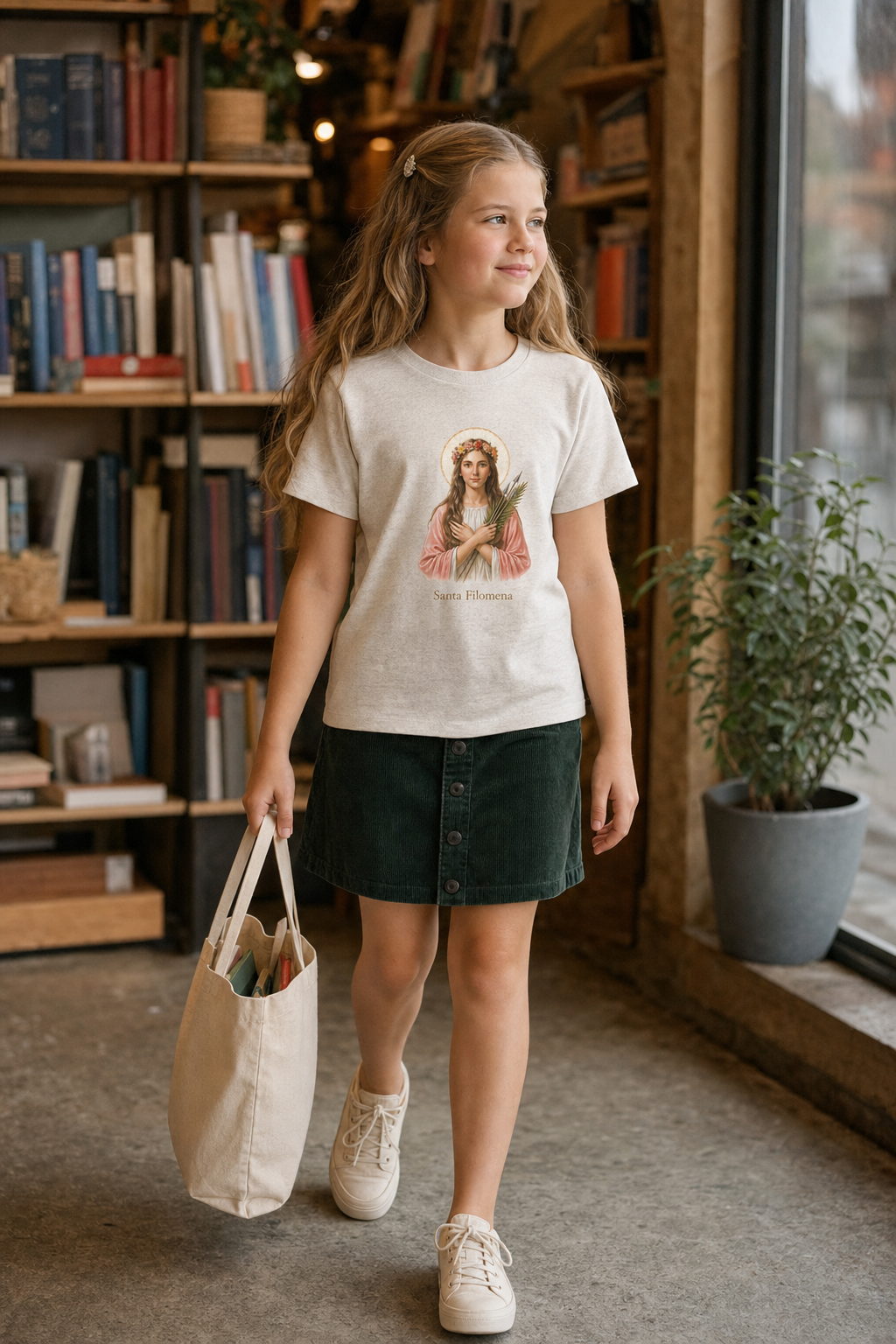 Girl wearing the Santa Filomena Girls T-Shirt in Heather Dust