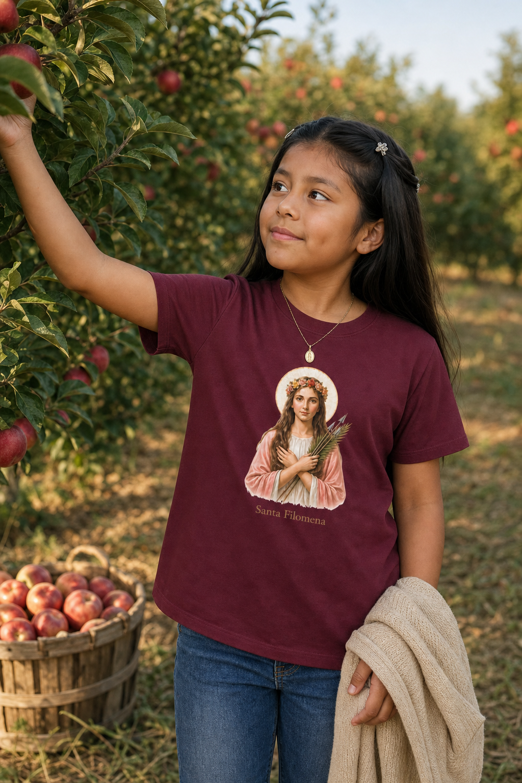 Girl wearing the Santa Filomena Girls T-Shirt in Maroon