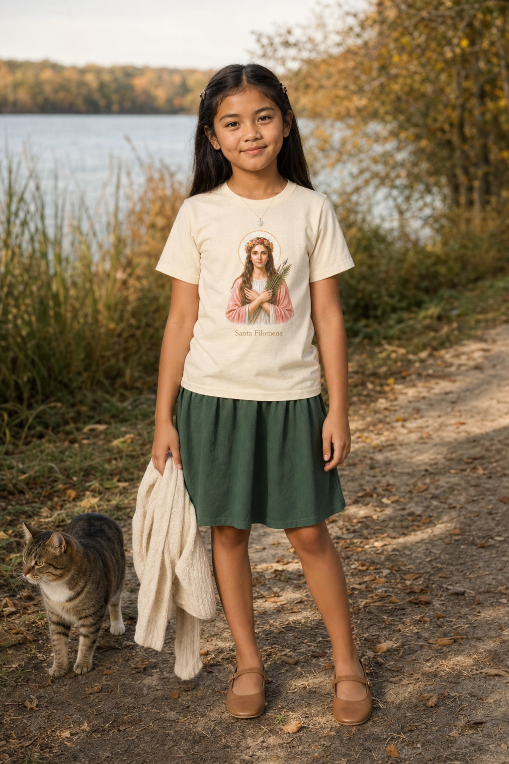 Girl wearing the Santa Filomena Girls T-Shirt in Natural
