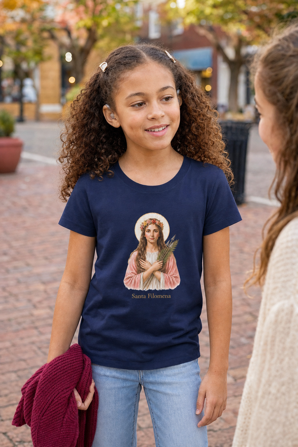 Girl wearing the Santa Filomena Girls T-Shirt in Navy