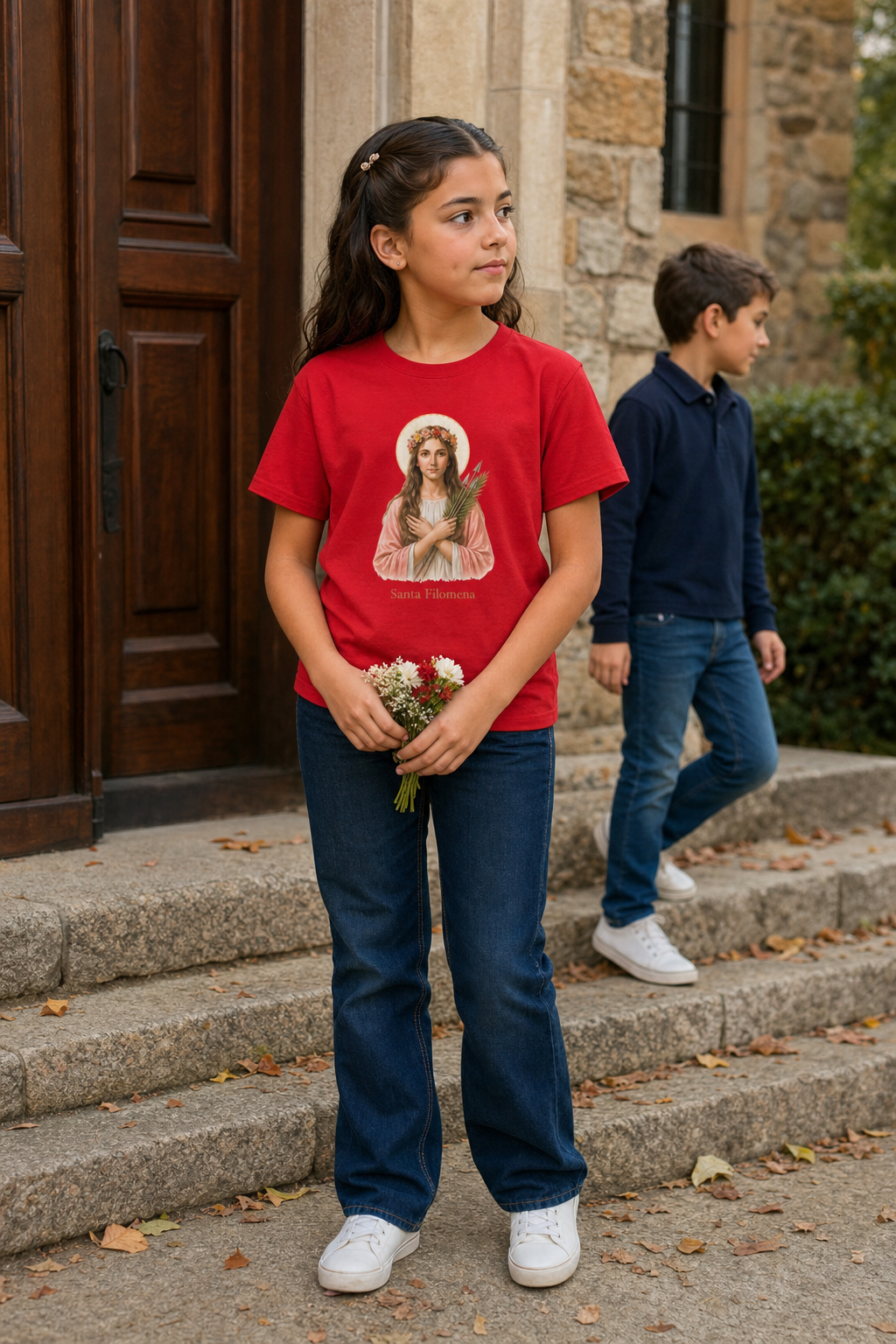 Girl wearing the Santa Filomena Girls T-Shirt in Red