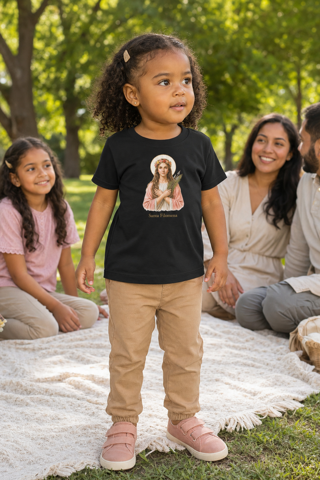 Little girl wearing the Santa Filomena Toddler T-Shirt in Black