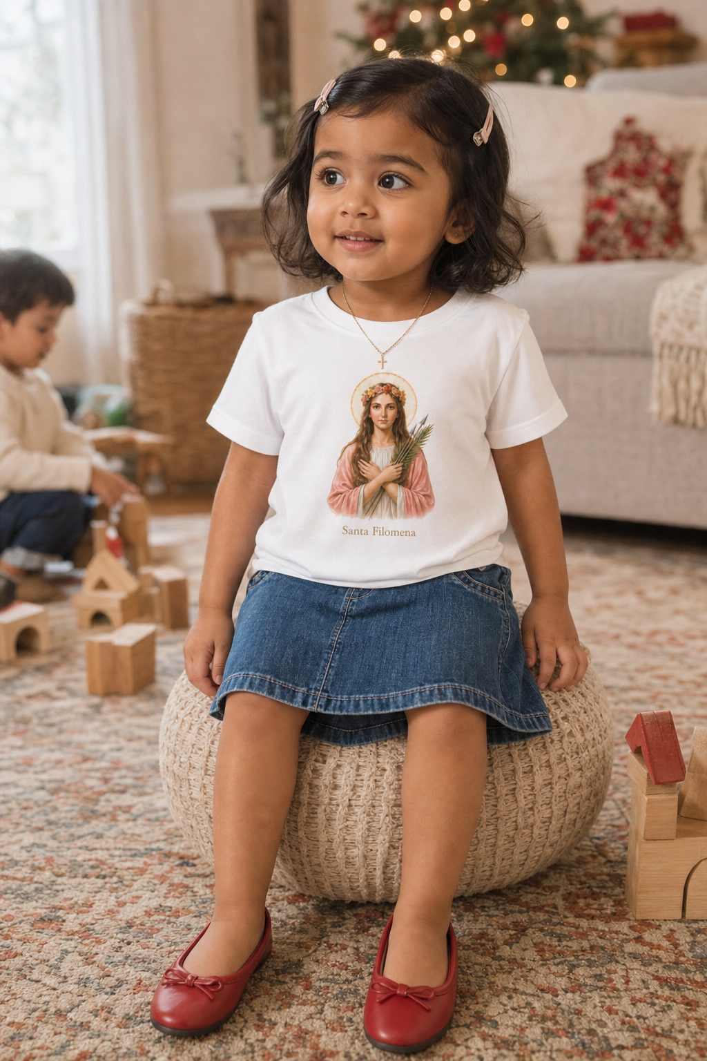 Little girl wearing the Santa Filomena Toddler T-Shirt in White