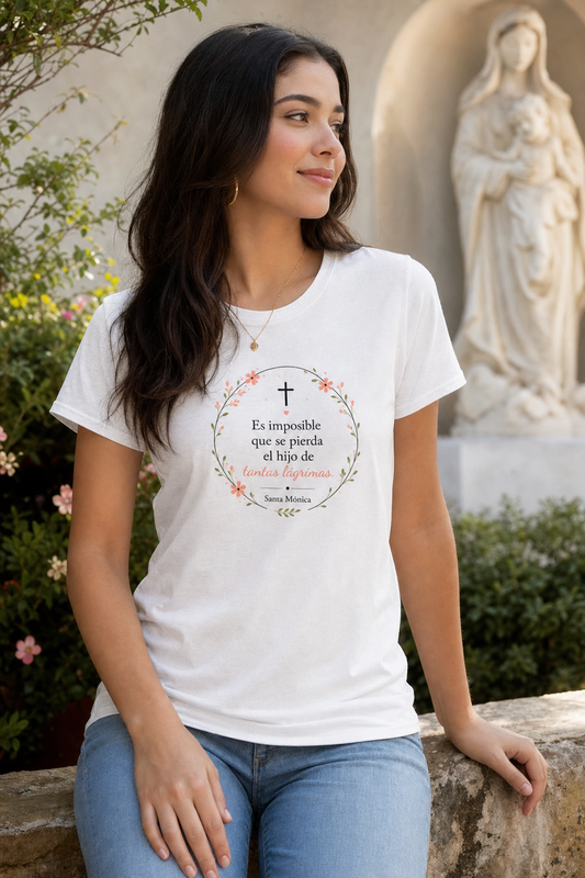 Woman wearing Santa Mónica Tantas Lágrimas t-shirt