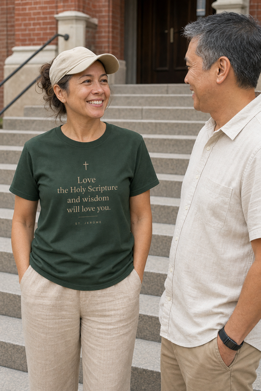 st-jerome-scripture-t-shirt lifestyle · Forest Green · bnr-card:womens-clothing