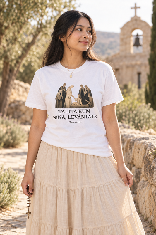 talita-kum-tee lifestyle · White · hero · bnr-card:womens-clothing · bnr-card:jesus · bnr-card:scripture