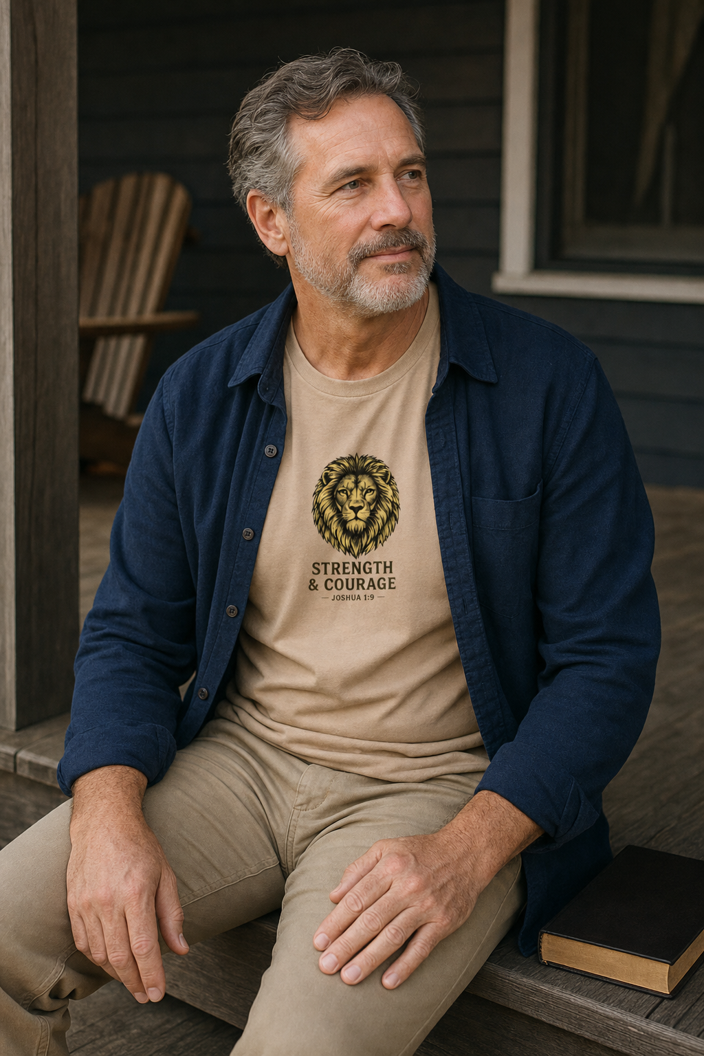 strength-courage-lion-christian-t-shirt-joshua-1-9 lifestyle · Tan