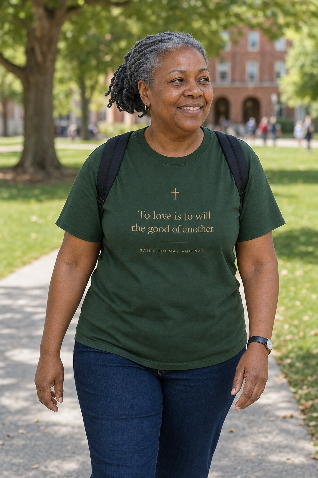 thomas-aquinas-love-t-shirt lifestyle · Forest Green · bnr-card:womens-clothing